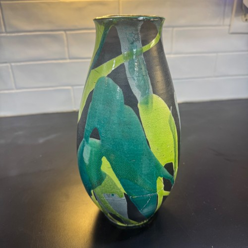 Raku art pottery vase - vase, green